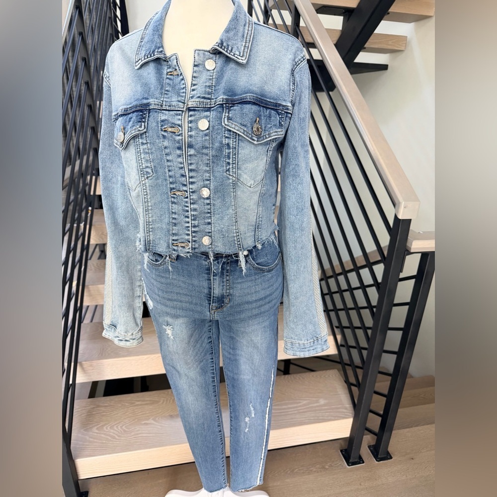 New Guess Blue Denim Jacket and Jeans Set with rhinestones on the side size S
